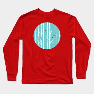 Birch trees on aqua with red birds Long Sleeve T-Shirt